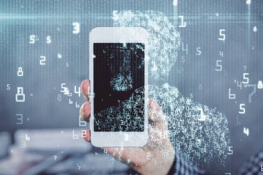 Erkeklerin el ele tutuşup dijital bir cihaz ve veri temalı hologram çizimi kullanırken çift pozlama. Teknoloji konsepti.