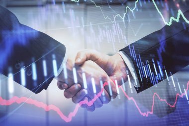 Forx grafik hologramı ve iki adamın el sıkışması. Borsa konsepti.
