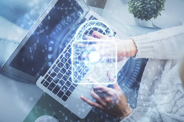 Double exposure of woman hands working on computer and lock hologram drawing. Top View. Security concept. — Stock Photo, Image