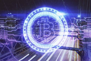 Kripto para birimi temalı hologram çizimine ve şehrin arka planına çoklu maruz kalma. Engelleme zinciri ve bitcoin kavramı.