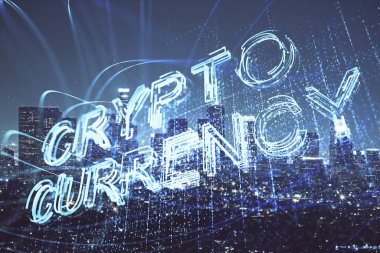 Kripto para birimi temalı hologram çizimine ve şehrin arka planına çoklu maruz kalma. Engelleme zinciri ve bitcoin kavramı.