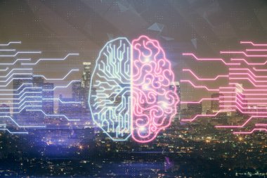 Şehrin arka planına beyin hologramı çizimi. Çifte maruz kalma. Beyin fırtınası konsepti.