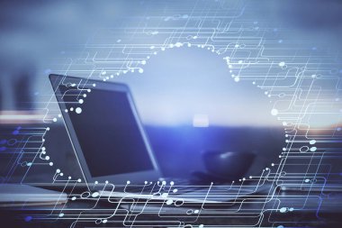 Bilgisayar ve teknoloji temalı holograma çifte maruz kalma. Serbest çalışma kavramı.