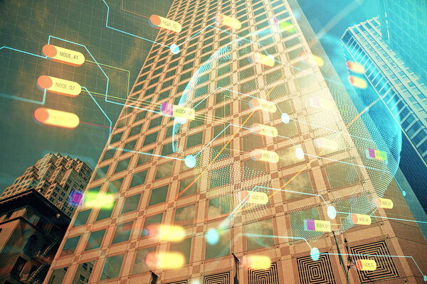 Map and data theme hologram on city view with skyscrapers background double exposure. International technology in business concept.