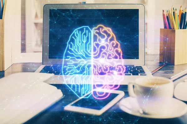 Dubbele blootstelling van desktop computer en menselijke hersenen tekenen hologram. Ai-concept. — Stockfoto