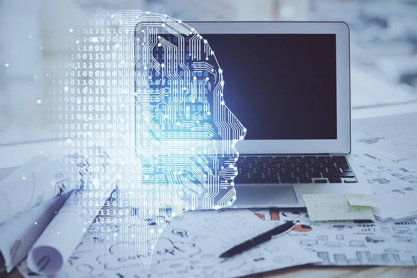 Exposición múltiple del espacio de trabajo con holograma de computadora y cerebro humano. Concepto de tormenta de ideas. —  Fotos de Stock