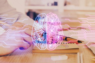 Erkek eli arka planına sahip beyin çoklu pozlama simgesi.