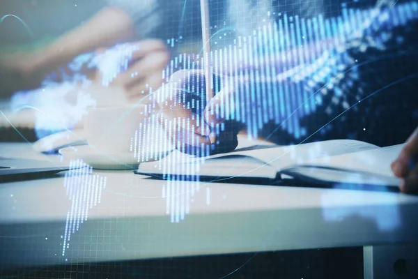 Double exposure of Man writing in notepad with business icons on background. — Stock Photo, Image