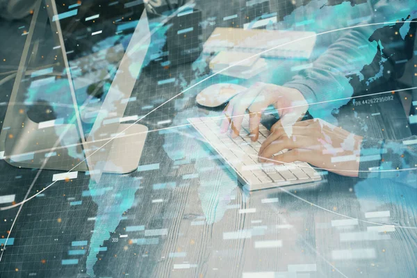 Double exposure of tech drawings with hands working on computer background. Concept of innovation. — Stock Photo, Image