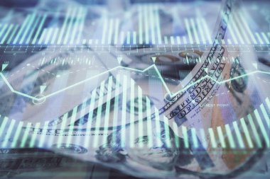 İki kez veri temasına maruz kalınca dolar banknotları arka planda kalıyor. Teknoloji konsepti.