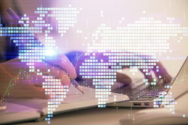 Multi exponering av kvinnliga händer skriva på dator och företag tema hologram ritning. Framgångsrikt koncept. — Stockfoto