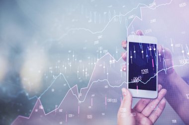 Ön x grafik çizimine çift pozlama hologram ve cep telefonu kullanan bir kadın. Borsa konsepti.