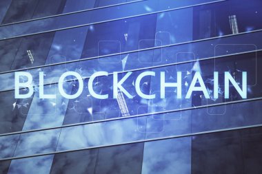 Kripto para birimi temalı hologram çizimine ve şehrin arka planına çoklu maruz kalma. Engelleme zinciri ve bitcoin kavramı.