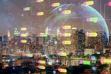 Veri temalı hologram gökdelenlerin arka planında çift pozlama ile şehir görünümüne çizim yapıyor. Ai kavramı.