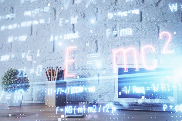 Desktop computer background and formula hologram writing. Double exposure. Education concept. — Stock Photo, Image