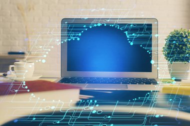 Kişisel bilgisayar ve teknik tema çizimi ile masaüstü çok açıkta. Büyük Veri Kavramı.