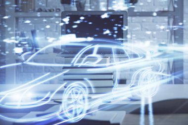 Otomobil hologramı çizimi olan masaüstü bilgisayar arkaplanı. Çoklu maruz kalma. Teknoloji kavramı.