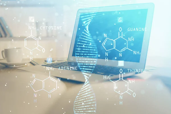 台式计算机背景和DNA绘图。加倍暴露。科学概念. — 图库照片