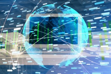 İş teması simgelerinin çoklu pozlandırılması ve bilgisayar geçmişi olan masa. Başarı kavramı.