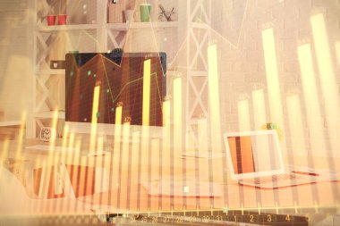 Finansal grafik çizimine ve ofis içi arka planına çifte maruz kalma. Borsa konsepti.