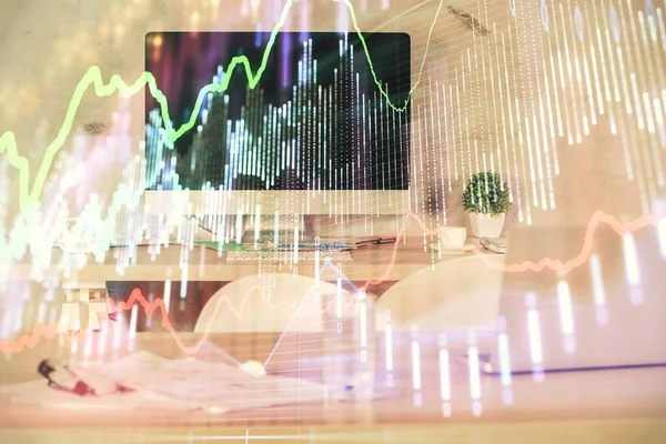 Multi expozice výkresu finančních grafů a pozadí interiéru kanceláře. Koncepce analýzy trhu. — Stock fotografie