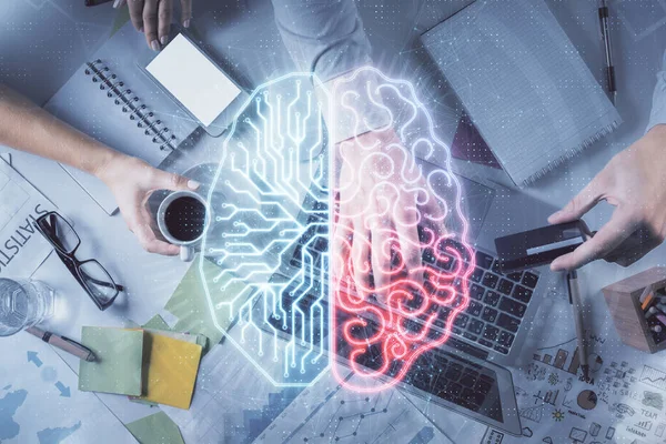 Dubbel exponering av man och kvinna arbetar tillsammans och mänsklig hjärna hologram ritning. Brainstormskoncept. Datorbakgrund. Ovanifrån. — Stockfoto