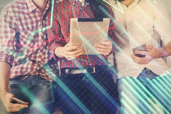 Double exposure of forex graph drawing and man and woman working together holding and using a mobile device. Trade concept. — Stock Photo, Image