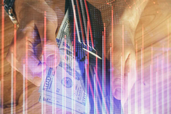 Multi exposure of forex graph drawing hologram and USA dollars bills and man hands. Technical Analysis concept. — Stock Photo, Image