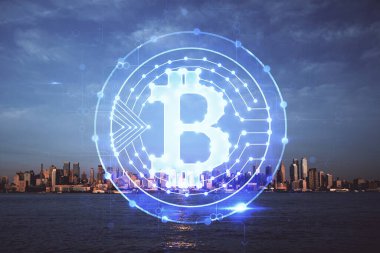 Kripto para birimi temalı hologram çizimi ve şehrin veiw arka planına çift pozlama. Engelleme zinciri ve bitcoin kavramı.