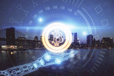 Kripto para birimi temalı hologram çizimine ve şehrin arka planına çoklu maruz kalma. Engelleme zinciri ve bitcoin kavramı.