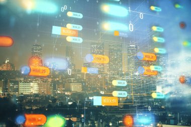 Veri temalı hologram gökdelenler arka planda çoklu pozlama ile şehir görünümüne çizim yapıyor. Ai kavramı.