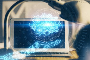 Arka planda kişisel bilgisayarı ve teknik tema çizimi olan iki kat masaüstü görüntüsü. Veri analizi kavramı.