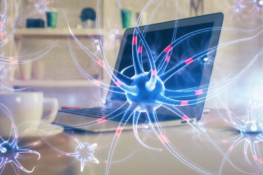 Masaüstü bilgisayar arkaplanı ve nöron çizimi. Çifte maruziyet. Eğitim kavramı.