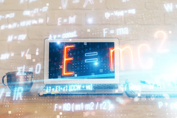 Desktop computer background and formula hologram writing. Double exposure. Education concept. — Stock Photo, Image