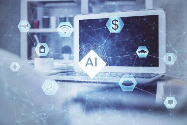 Teknoloji temalı çizim ve bilgisayarlı masa. Çoklu maruz kalma. Bilgi kavramı.