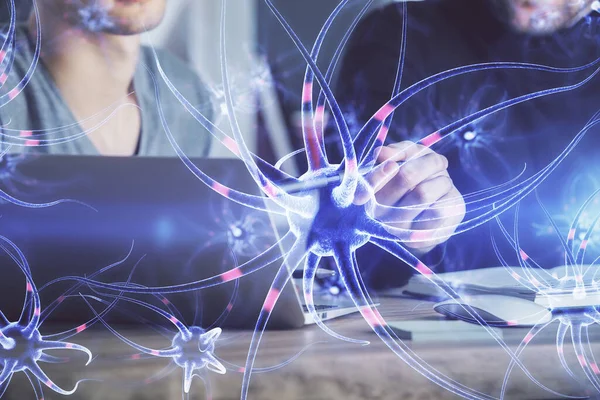 Holograma de neurónios com o homem a trabalhar no computador em segundo plano. Conceito de educação. Dupla exposição. — Fotografia de Stock