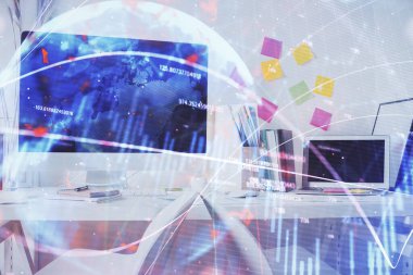 Finansal grafik çizimine ve ofis içi arka planına çifte maruz kalma. Borsa konsepti.