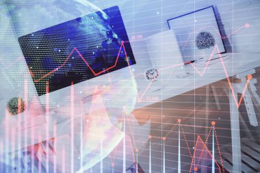 Finansal grafik çizimine ve ofis içi arka planına çifte maruz kalma. Borsa konsepti.