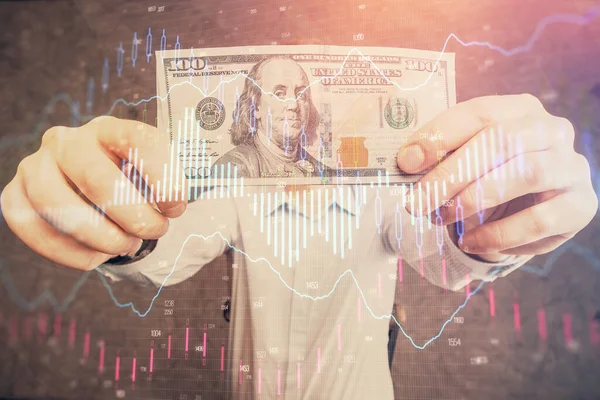 Multi exposure of forex graph drawing hologram and USA dollars bills and man hands. Technical Analysis concept. — Stock Photo, Image