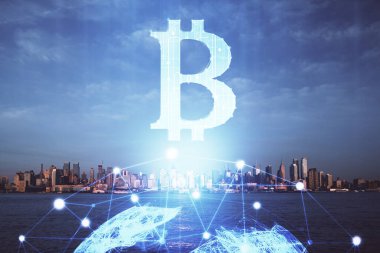 Kripto para birimi temalı hologram çizimi ve şehrin veiw arka planına çift pozlama. Engelleme zinciri ve bitcoin kavramı.