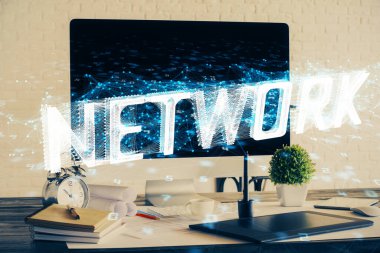 Arka planda bilgisayar ve teknik tema çizimi olan iki kat masaüstü görüntüsü. Büyük veri kavramı.