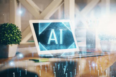 Arka planda kişisel bilgisayarı ve teknik tema çizimi olan iki kat masaüstü görüntüsü. Büyük Veri Kavramı.