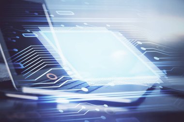 Masaüstü bilgisayarı ve teknoloji temalı holograma çift pozlama. Yazılım geliştirme kavramı.