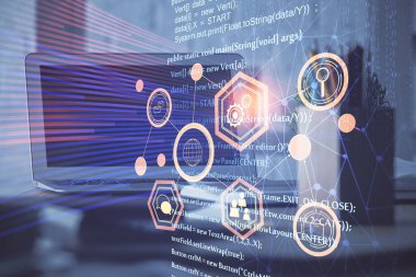 Dizüstü bilgisayar ve teknoloji temalı holograma çifte maruz kalma. Serbest çalışma kavramı.