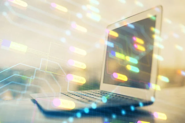 Double exposure of desktop with computer on background and tech theme drawing. Concept of big data. — Stock Photo, Image
