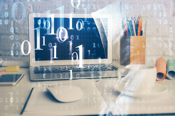 Double exposure of desktop with personal computer on background and tech theme drawing. Concept of Bigdata.