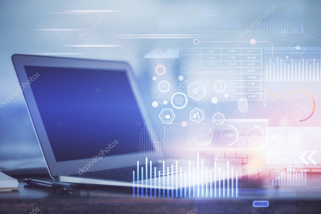 Double exposure of desktop computer and technology theme hologram. Concept of software development.