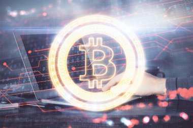 Arka planda bilgisayar üzerinde çalışan bir iş adamıyla engelleme temalı Hud. Kripto zinciri kavramı. Çift pozlama.