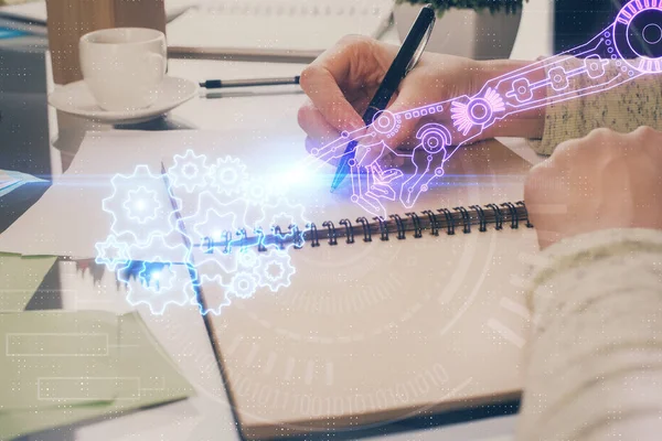 Dubbele blootstelling van het schrijven van de hand op de achtergrond met data-oplossing technologie hologram. Ai-concept. — Stockfoto