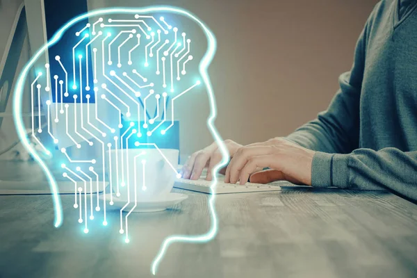 Muž s počítačovým zázemím s mozkovým hologramem. Koncept mozkového kmene. Dvojitá expozice. — Stock fotografie